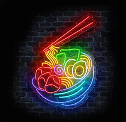 Neon LED ramen z kolorowym makaronem i pałeczkami
