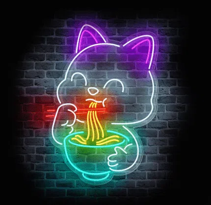 Neon LED kot jedzący ramen w stylu kawaii