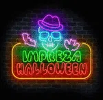 neon reklamowy Halloween z napisem impreza