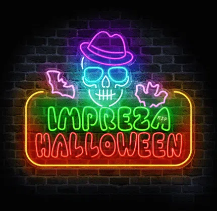 neon reklamowy Halloween z napisem impreza