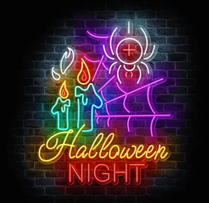 Neon reklamowy Halloween Night z pajęczyną i świecami