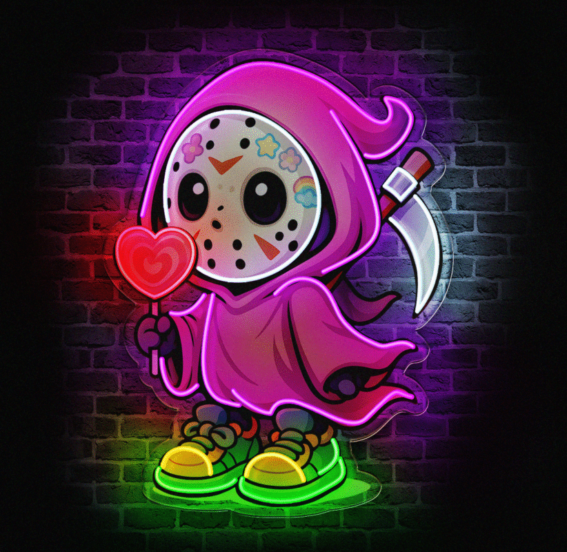 neon LED na ścianę Grim Reaper w różowej pelerynie