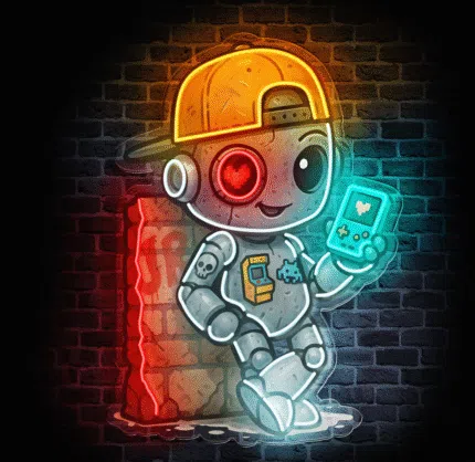 neon gamingowy robot z konsolą retro