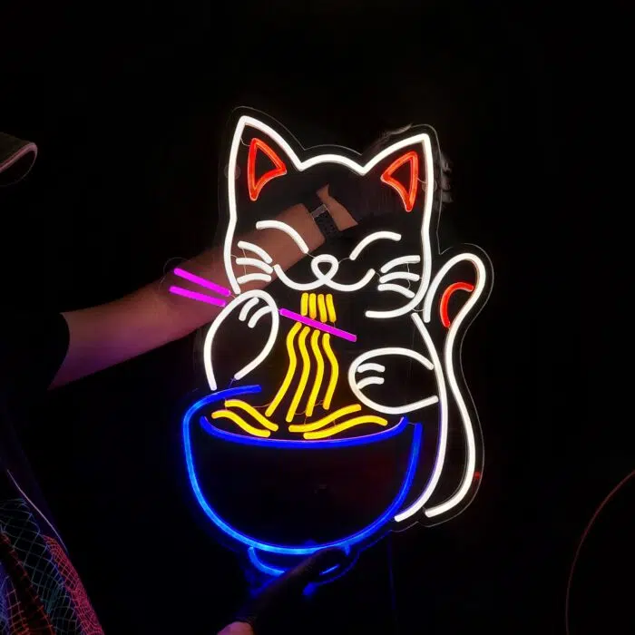 Neon LED „Lucky Ramen Cat” – uroczy talizman z miską makaronu ✨ - obrazek 2