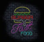 Neon Burger Fast Food LED na ścianie food trucka nocą