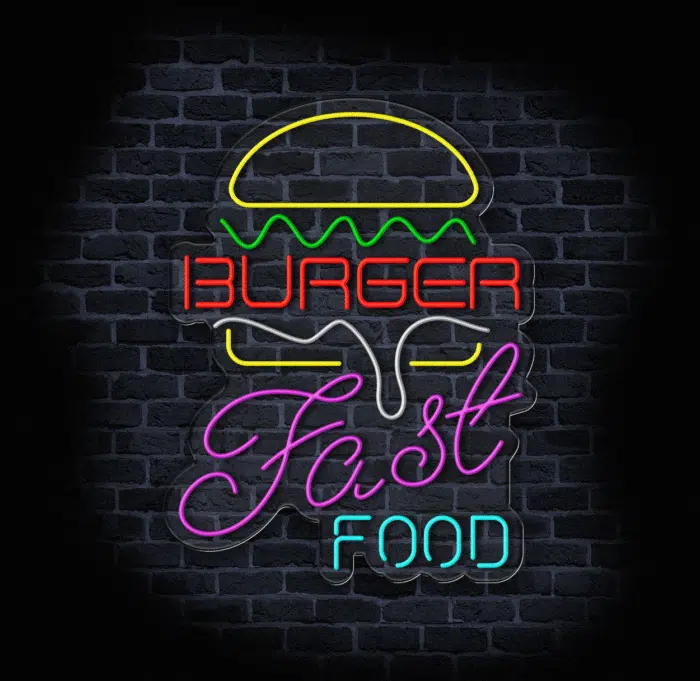 Neon Burger Fast Food LED na ścianie food trucka nocą
