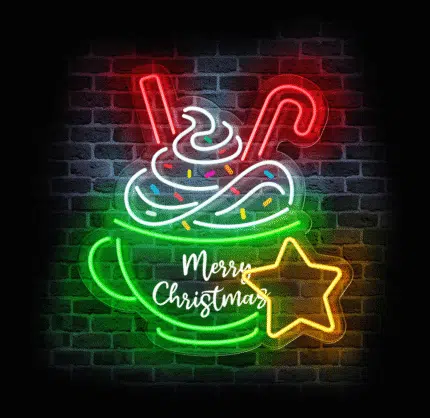 neon świąteczny LED Merry Christmas z filiżanką i gwiazdką