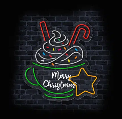 neon bożonarodzeniowy LED w kształcie filiżanki z napisem Merry Christmas