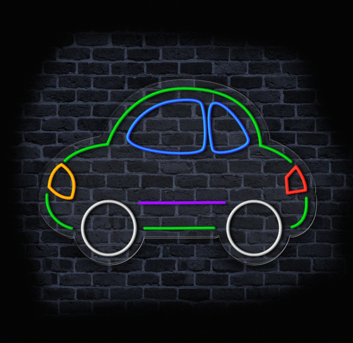 Neon na ścianę – samochód LED na tle cegły