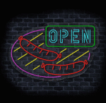 neon reklamowy OPEN z kiełbaskami LED na ścianę