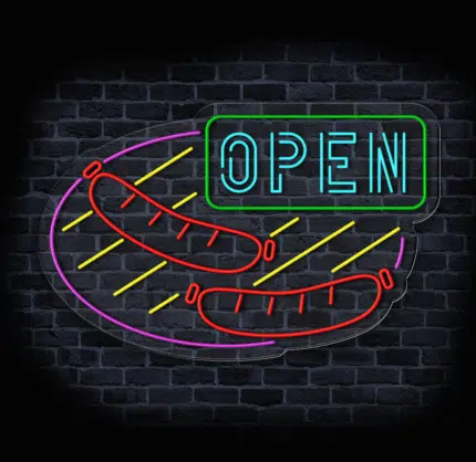 neon reklamowy OPEN z kiełbaskami LED na ścianę
