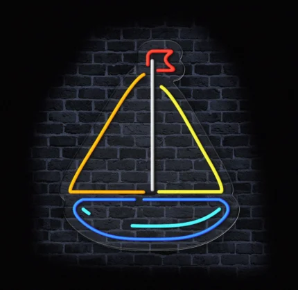 Neon żaglówka LED na ciemnym tle ceglanej ściany TITLE: