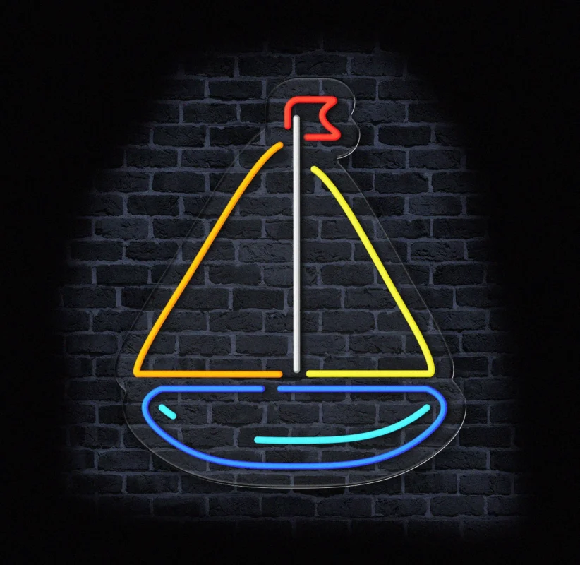 Neon żaglówka LED na ciemnym tle ceglanej ściany TITLE: