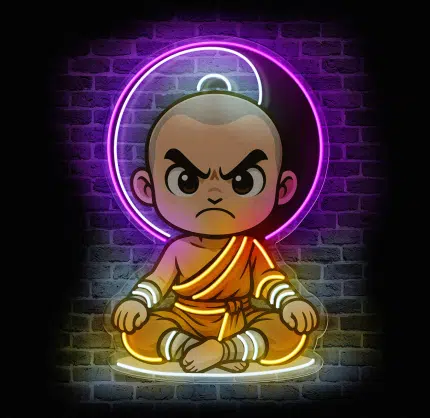 Neon LED mnich kung-fu w stylu chibi z fioletową aurą i pomarańczową szatą