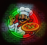 Neon do pizzerii z włoskim szefem kuchni trzymającym pizzę