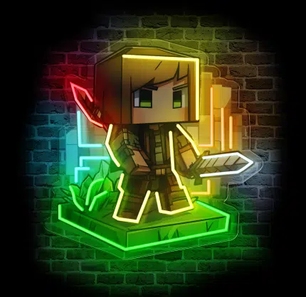 neon gamingowy postać voxel na ścianie w pokoju gracza