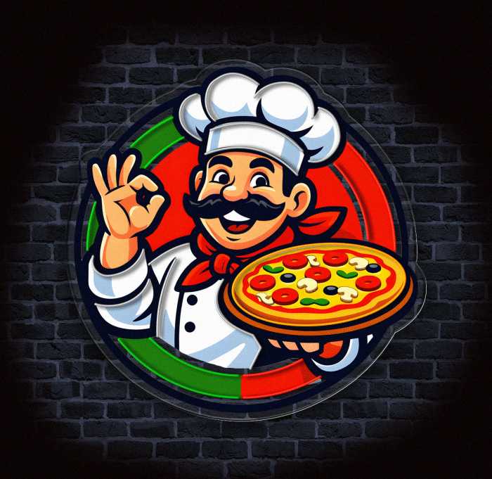 Neon LED pizzeria z pizzą na ścianie lokalu