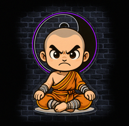 Neon mnich wojownik chibi LED – detal konturu i świecenia na ścianie