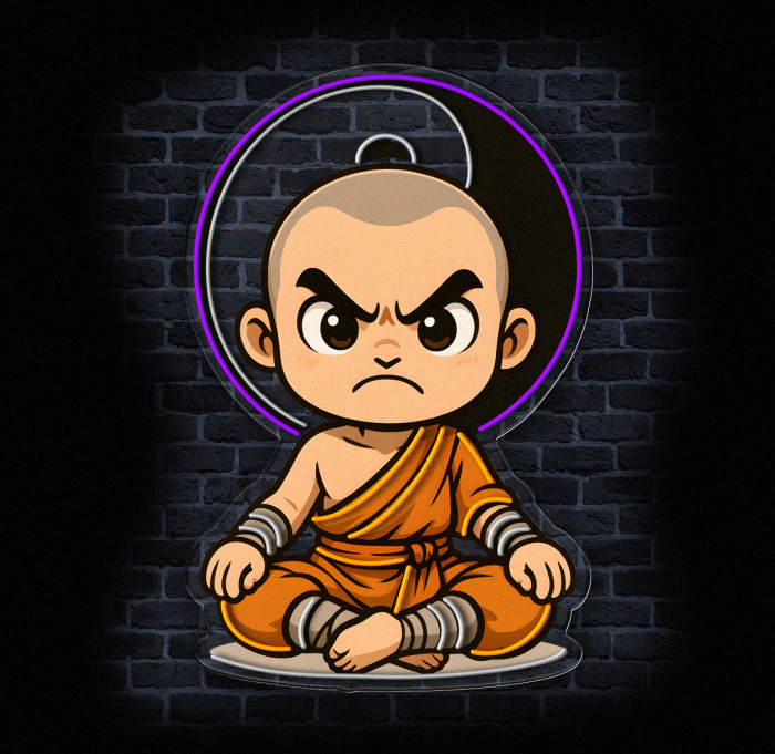 Neon mnich wojownik chibi LED – detal konturu i świecenia na ścianie