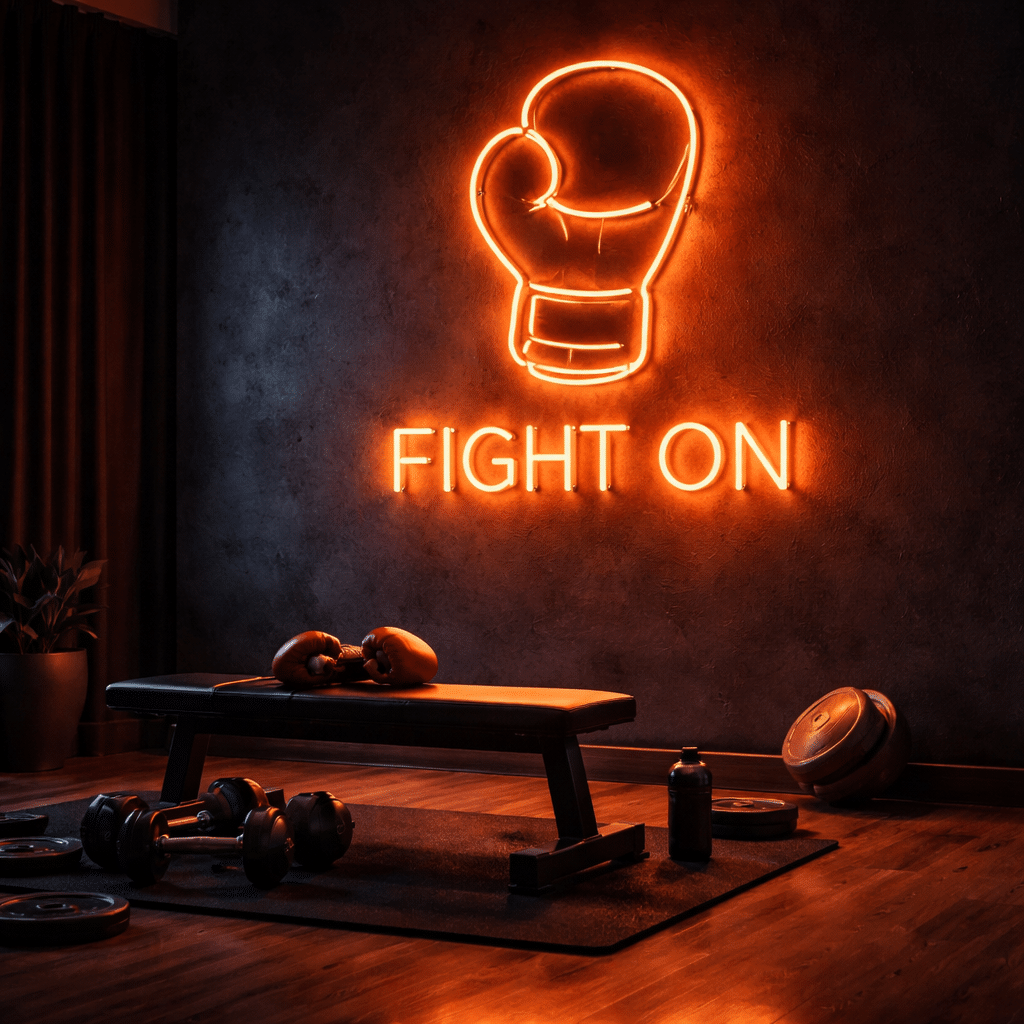 Neon sportowy LED z rękawicą bokserską i napisem „Fight On” – motywacyjna dekoracja do siłowni, garażu i pokoju treningowego