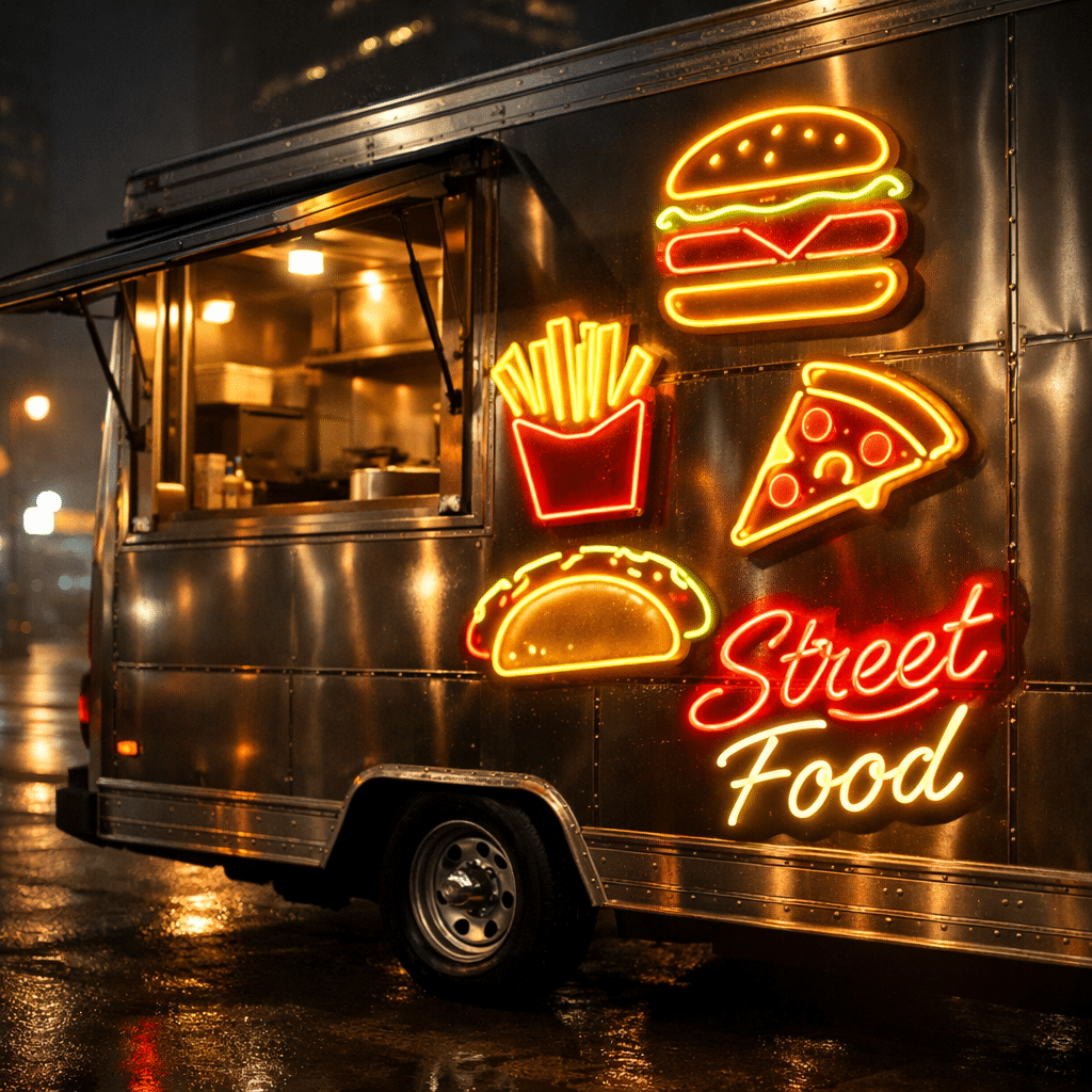 Neon LED do food trucka – kolorowe neony z burgerem, frytkami i pizzą na mobilnej gastronomii