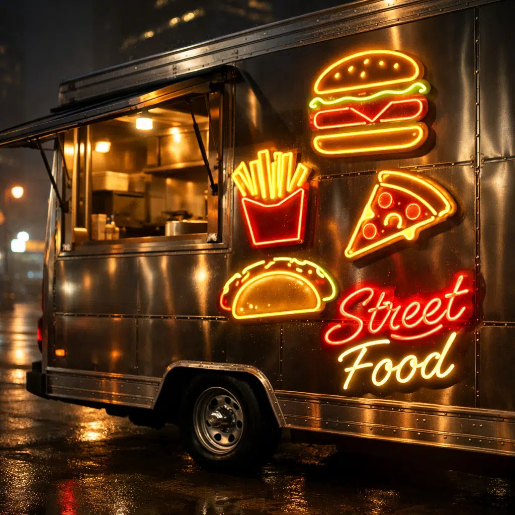 Neon LED do food trucka – kolorowe neony z burgerem, frytkami i pizzą na mobilnej gastronomii