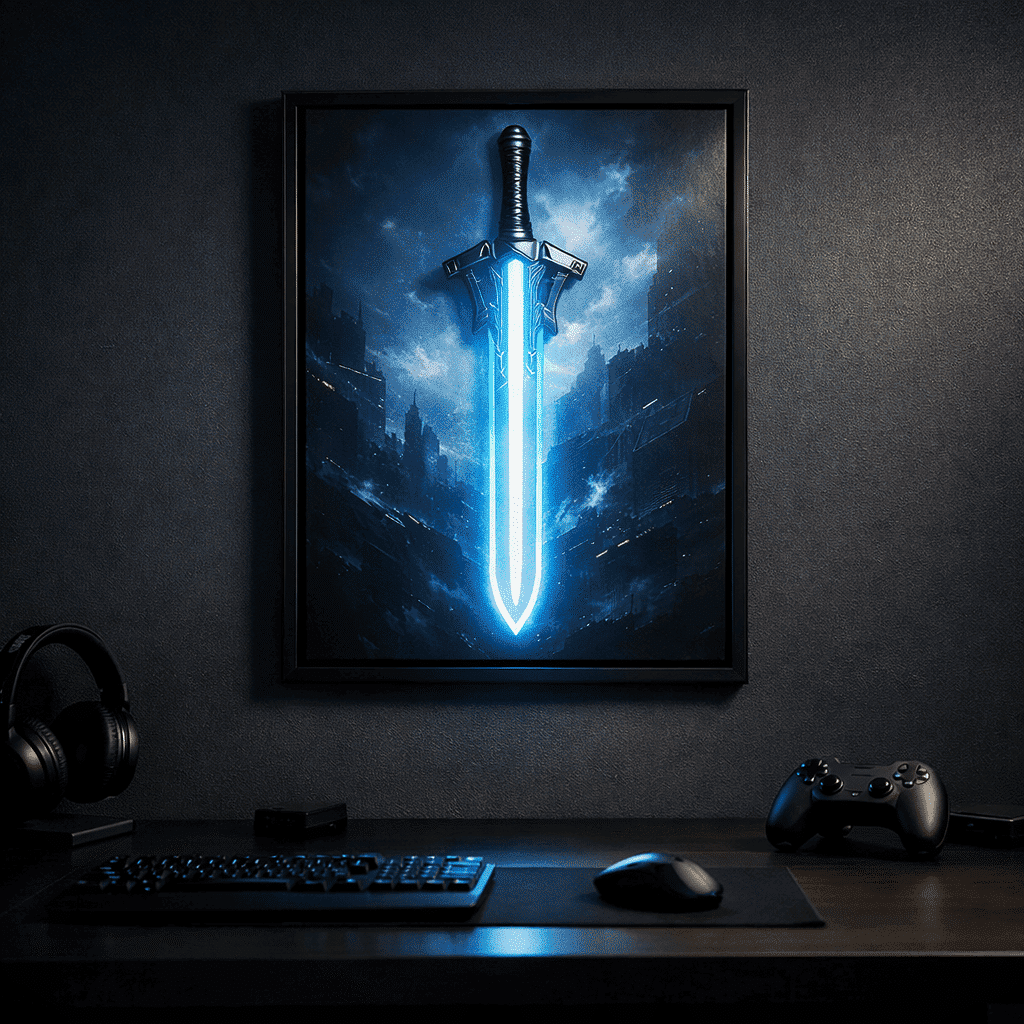 Gaming Art – plakat z neonem LED przedstawiający świecący miecz nad biurkiem gracza w nowoczesnym pokoju gamingowym