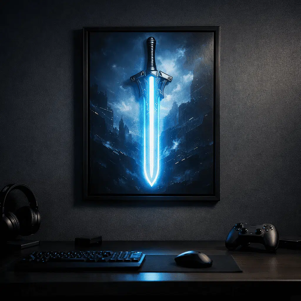 Gaming Art – plakat z neonem LED przedstawiający świecący miecz nad biurkiem gracza w nowoczesnym pokoju gamingowym