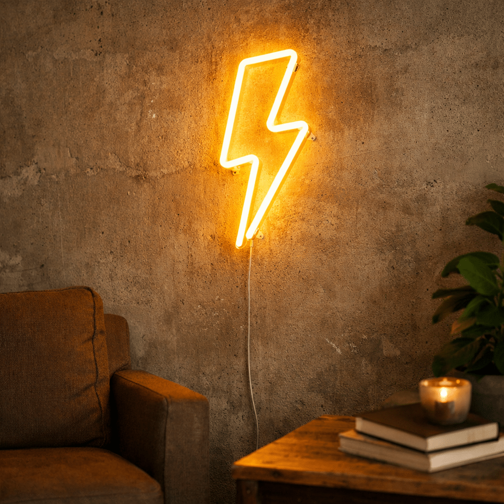 Neon do pokoju w kształcie błyskawicy – dekoracyjny neon LED na ścianę w nowoczesnym wnętrzu