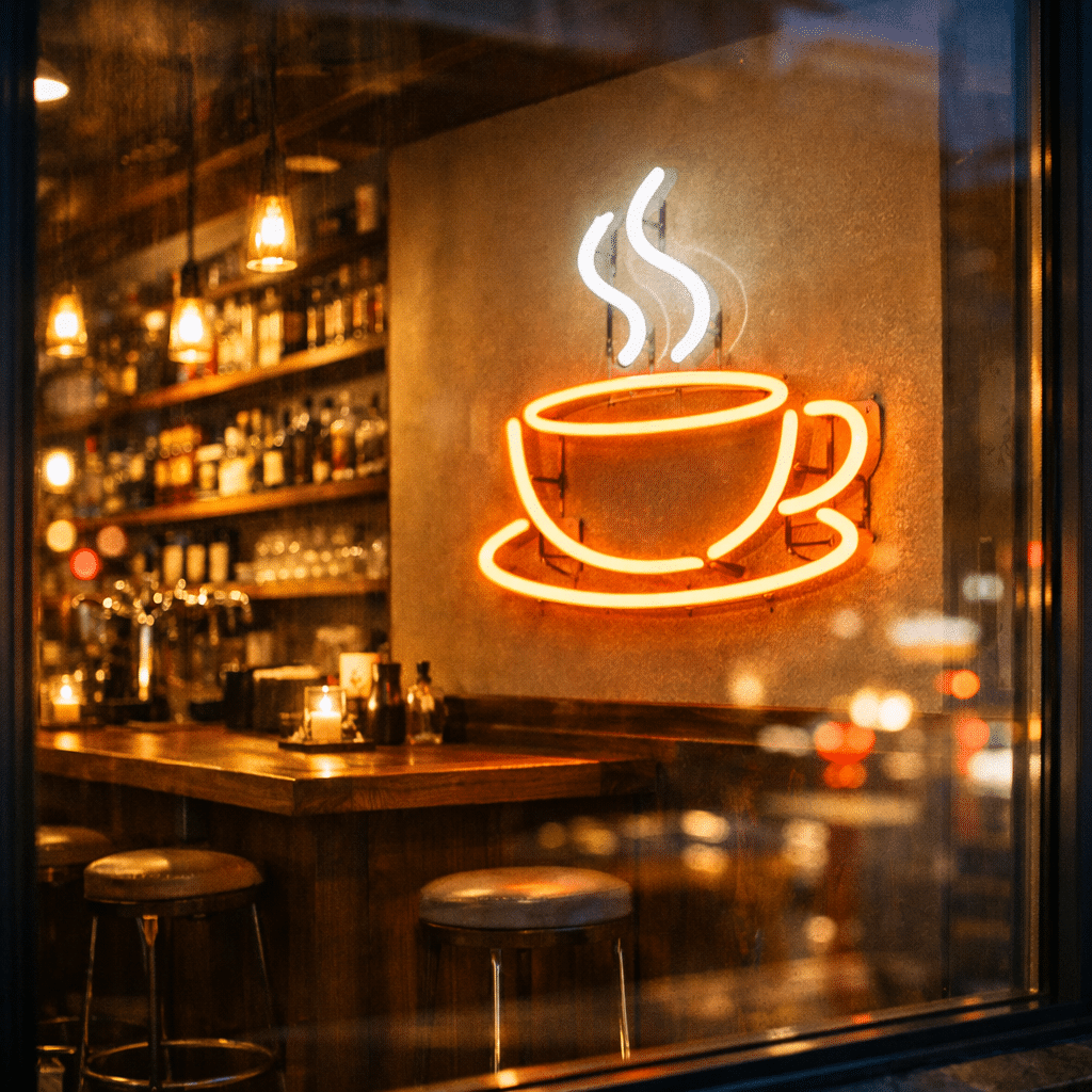 Neon LED dla firm w kawiarni – dekoracyjny neon w kształcie filiżanki widoczny przez witrynę lokalu