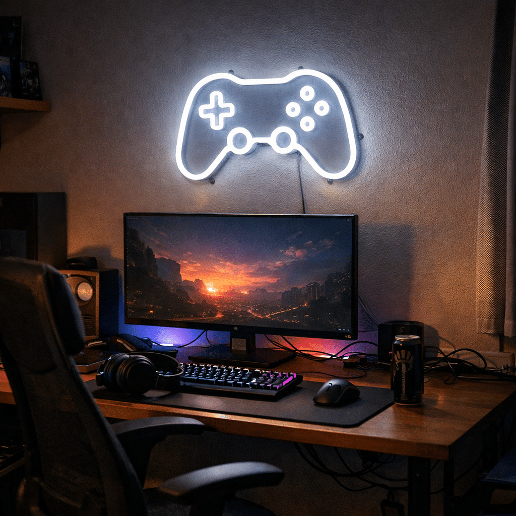 Neon gamingowy w kształcie pada nad biurkiem gracza – dekoracyjny neon LED do pokoju gamingowego