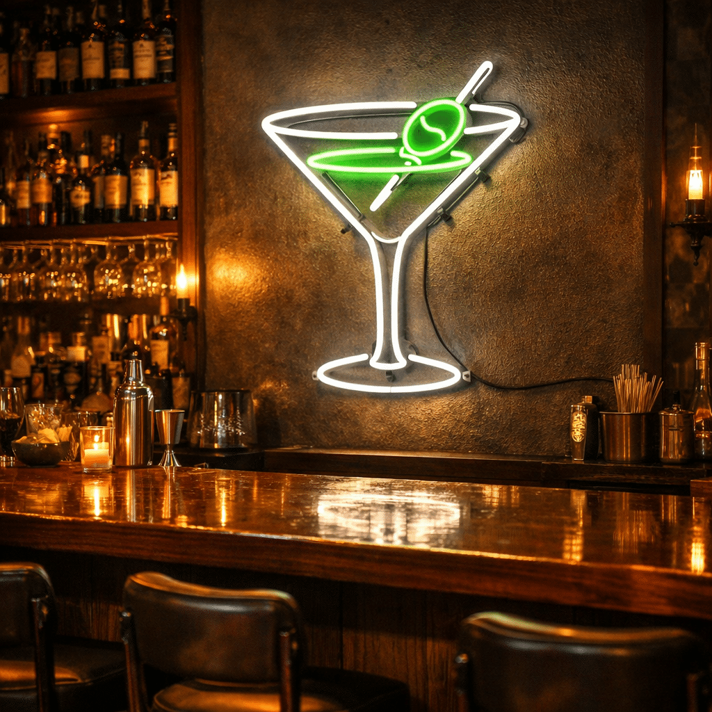 Neon barowy LED w kształcie kieliszka koktajlowego – dekoracyjny neon w barze nad ladą
