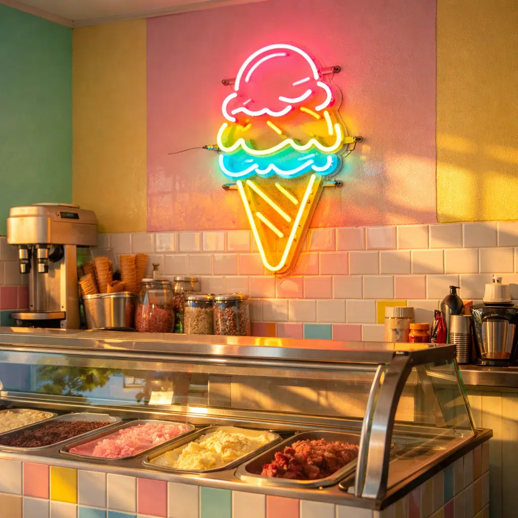 Kolorowy neon LED w kształcie lodów w lodziarni – dekoracyjny neon na ścianę przy ladzie z lodami