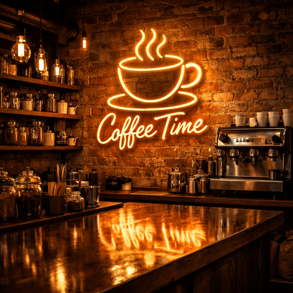 Neon LED „Coffee Time” w kawiarni – świecący napis z filiżanką kawy na ceglanej ścianie