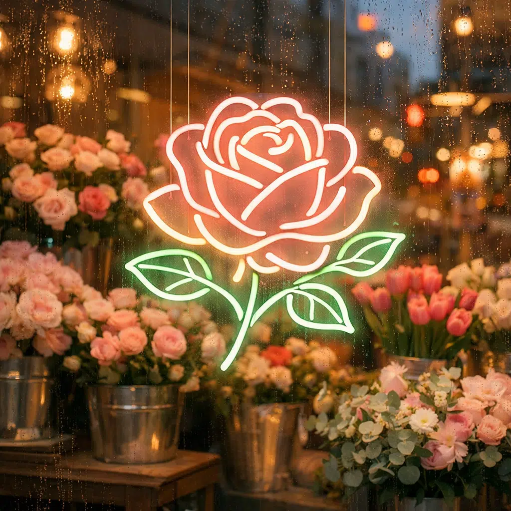 Neon LED w witrynie kwiaciarni – świecąca róża z liśćmi zawieszona przed szybą, pastelowe kolory, tło z bukietami kwiatów