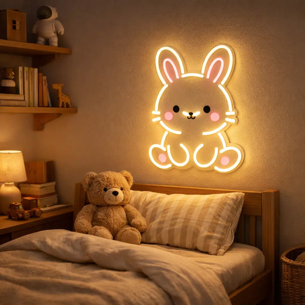 Neon LED królik do pokoju dziecięcego – ciepłe światło nad łóżkiem, przytulna dekoracja dla dziecka