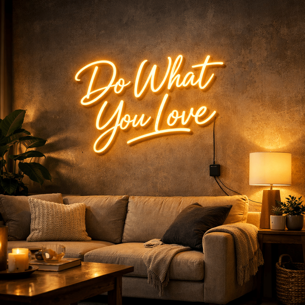 Neon z cytatem „Do What You Love” na ścianie w przytulnym salonie – dekoracyjny neon LED z motywującym napisem