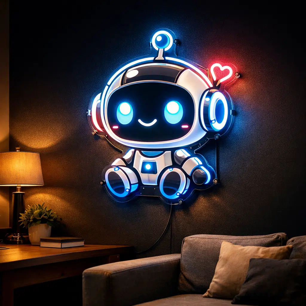Neon LED z uroczym robotem w stylu chibi – dekoracyjny neon z grafiką do pokoju młodzieżowego, świecący robot na ścianie nad sofą