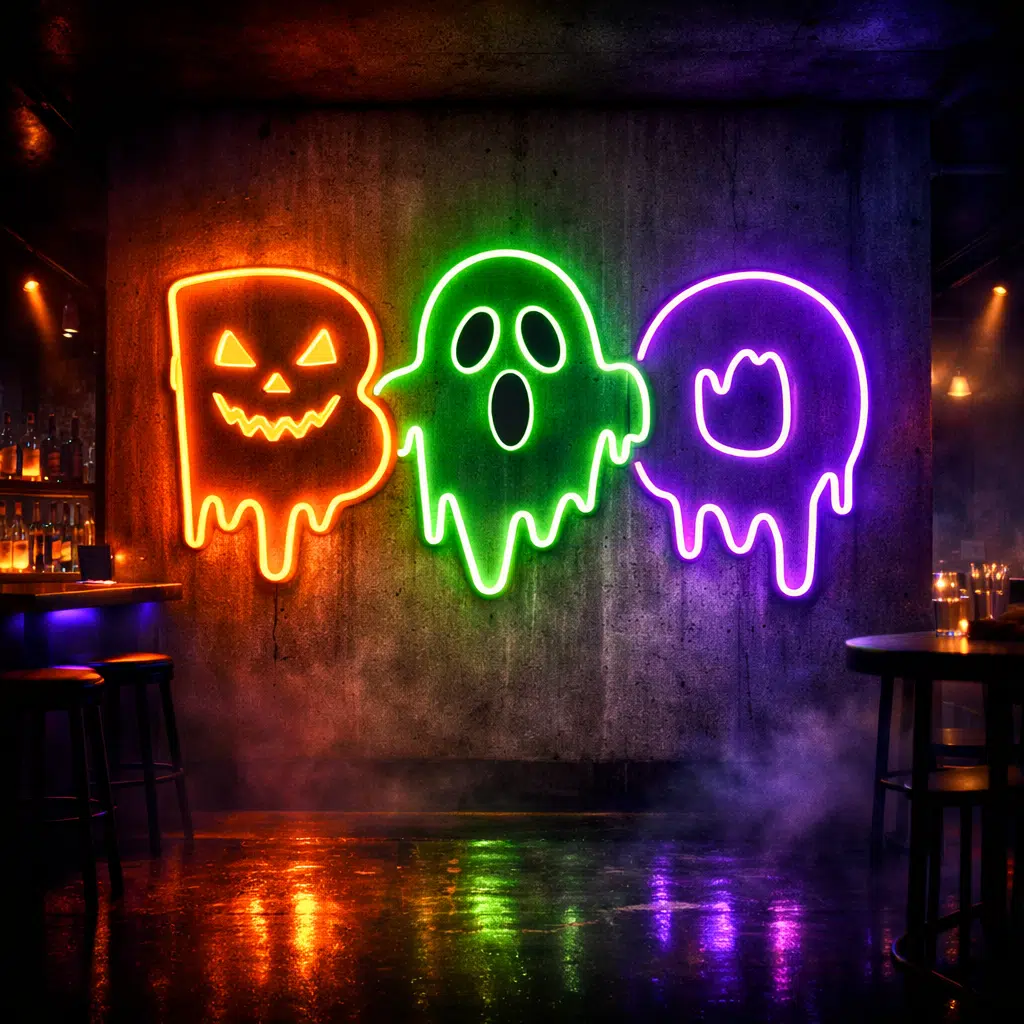 Halloween & Party Neony LED – kolorowe neony z duchami i dynią na ścianie w klimatycznym wnętrzu klubu