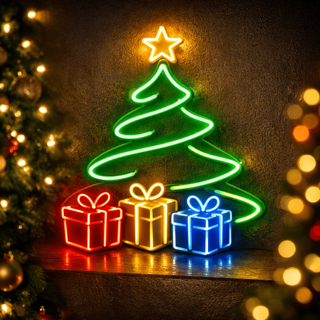 Neony świąteczne LED – choinka neonowa z prezentami w kolorach czerwonym, złotym i niebieskim