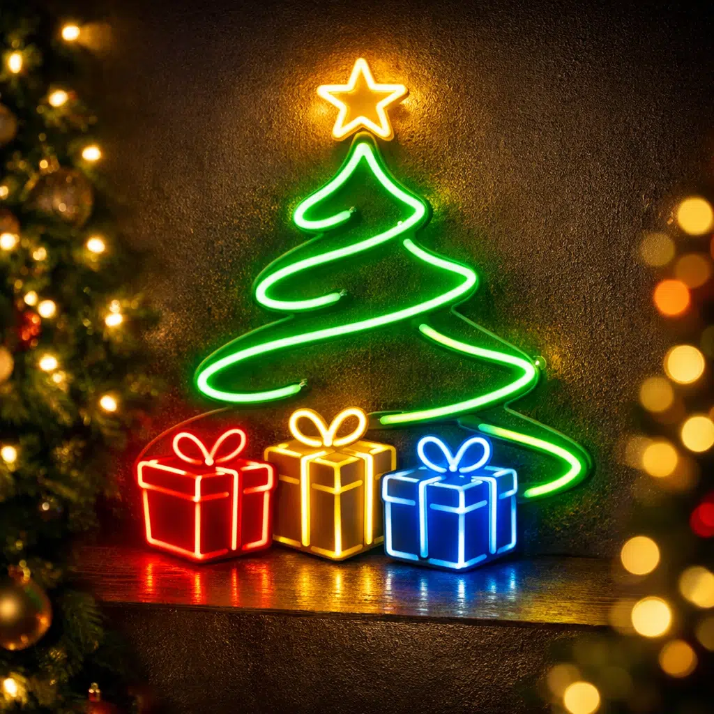 Neony świąteczne LED – choinka neonowa z prezentami w kolorach czerwonym, złotym i niebieskim