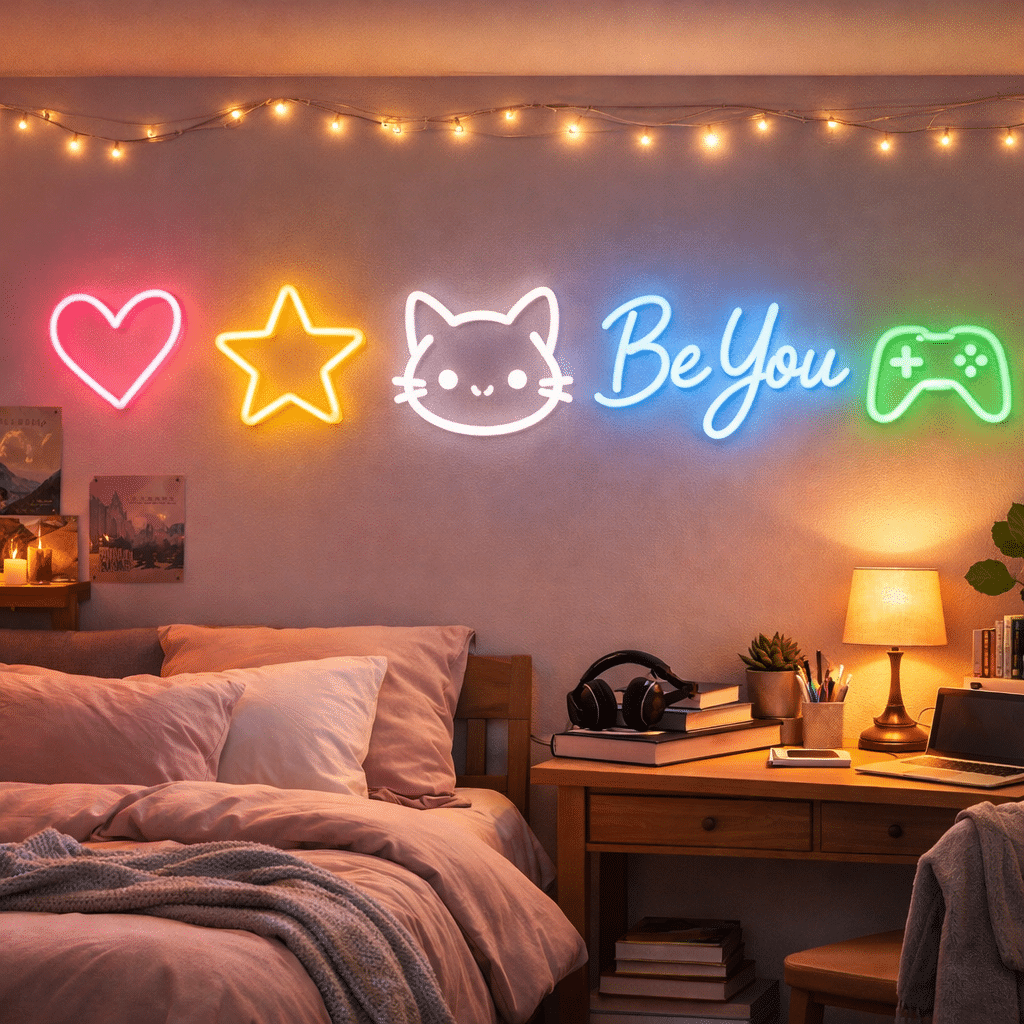Neony LED do pokoju młodzieżowego – serce, gwiazda, kotek, napis Dream i pad gamingowy nad łóżkiem