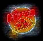 neon logo pizzerii pizza na ścianie z cegły