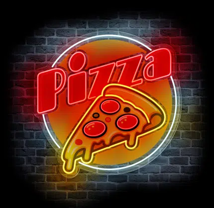 neon logo pizzerii pizza na ścianie z cegły