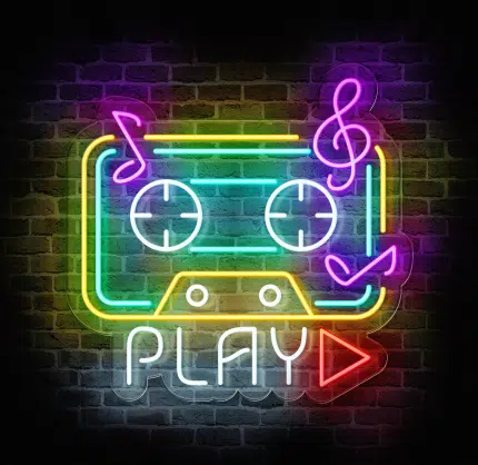 neon LED kaseta PLAY na ścianie