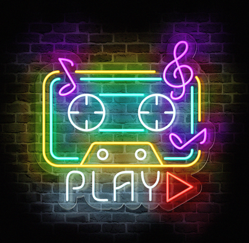 neon LED kaseta PLAY na ścianie