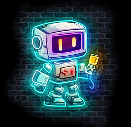 Neon LED Robot Gaming z konsolą – turkusowe oświetlenie do pokoju gracza na przezroczystym podkładzie CraftNeon