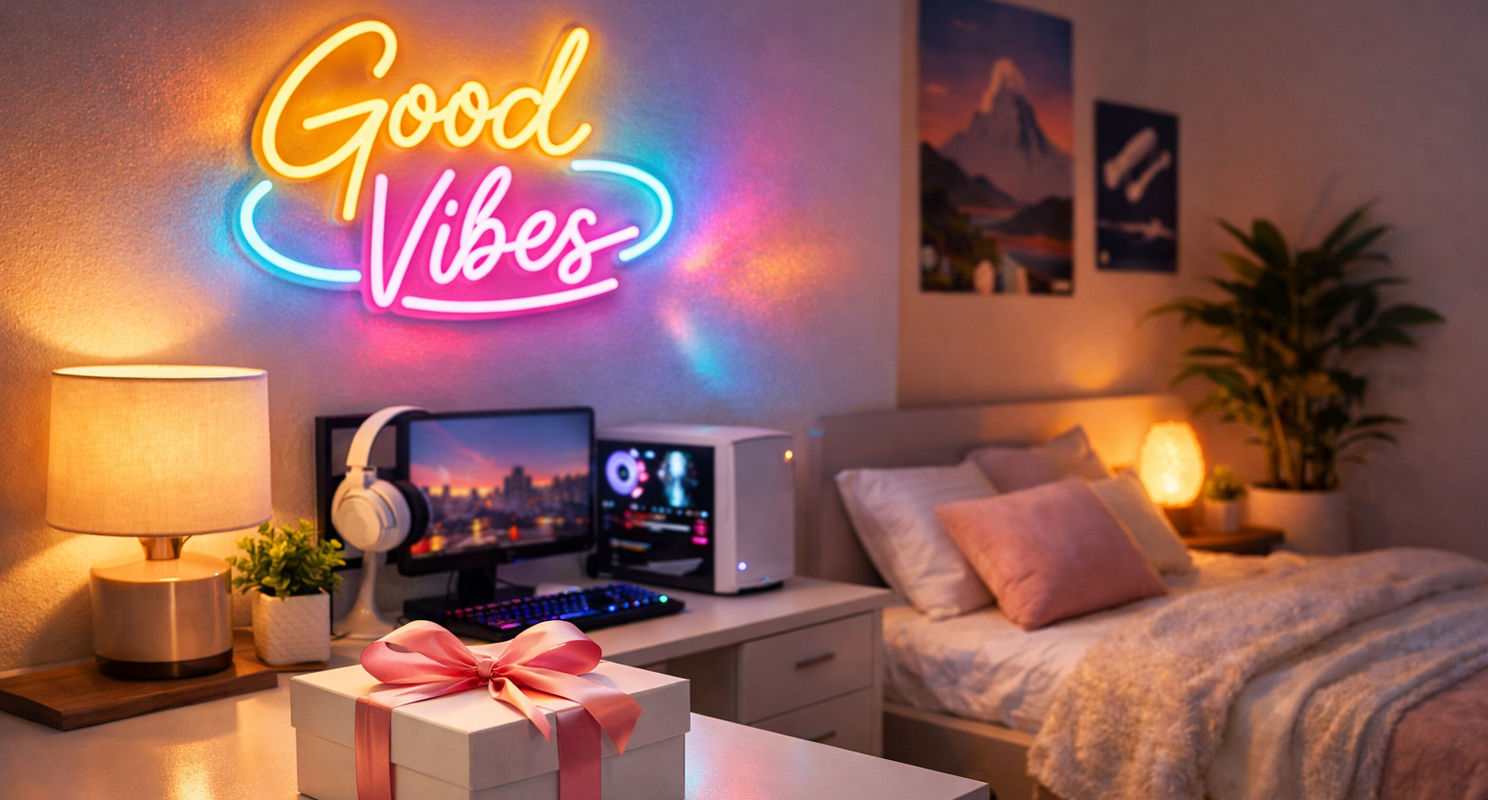 neon LED na prezent dekoracja do pokoju z napisem Good Vibes