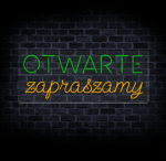 Neon Otwarte Zapraszamy LED na ceglanej ścianie dekoracja dla lokalu CraftNeon