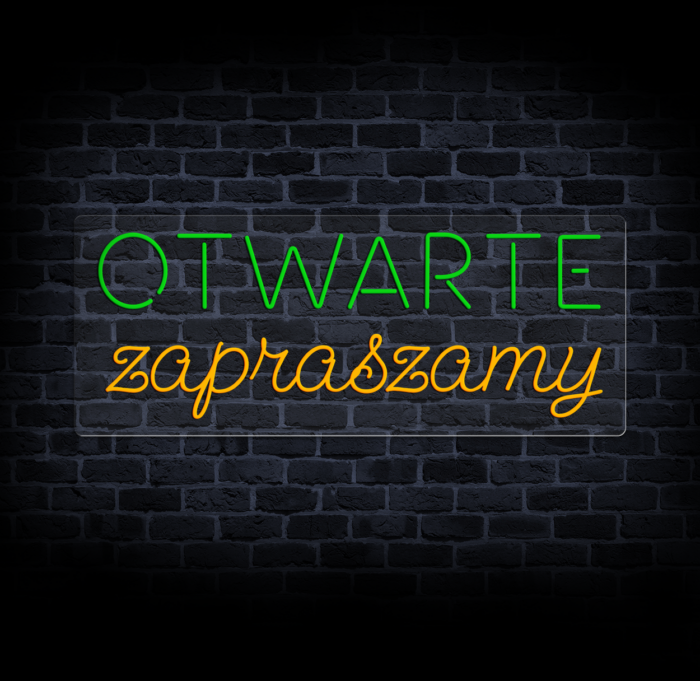 Neon Otwarte Zapraszamy LED na ceglanej ścianie dekoracja dla lokalu CraftNeon